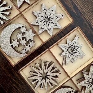 Gold Glitter Wood Holiday Ornaments Set